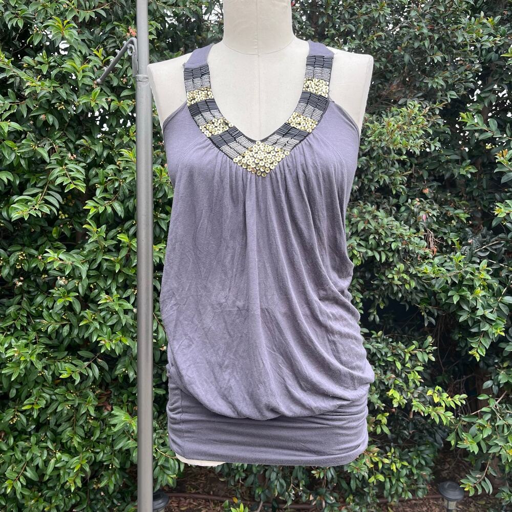 Vintage Y2K Gray Beaded Neckline Racerback Tank Tunic Top Ruched Hem Size S USA